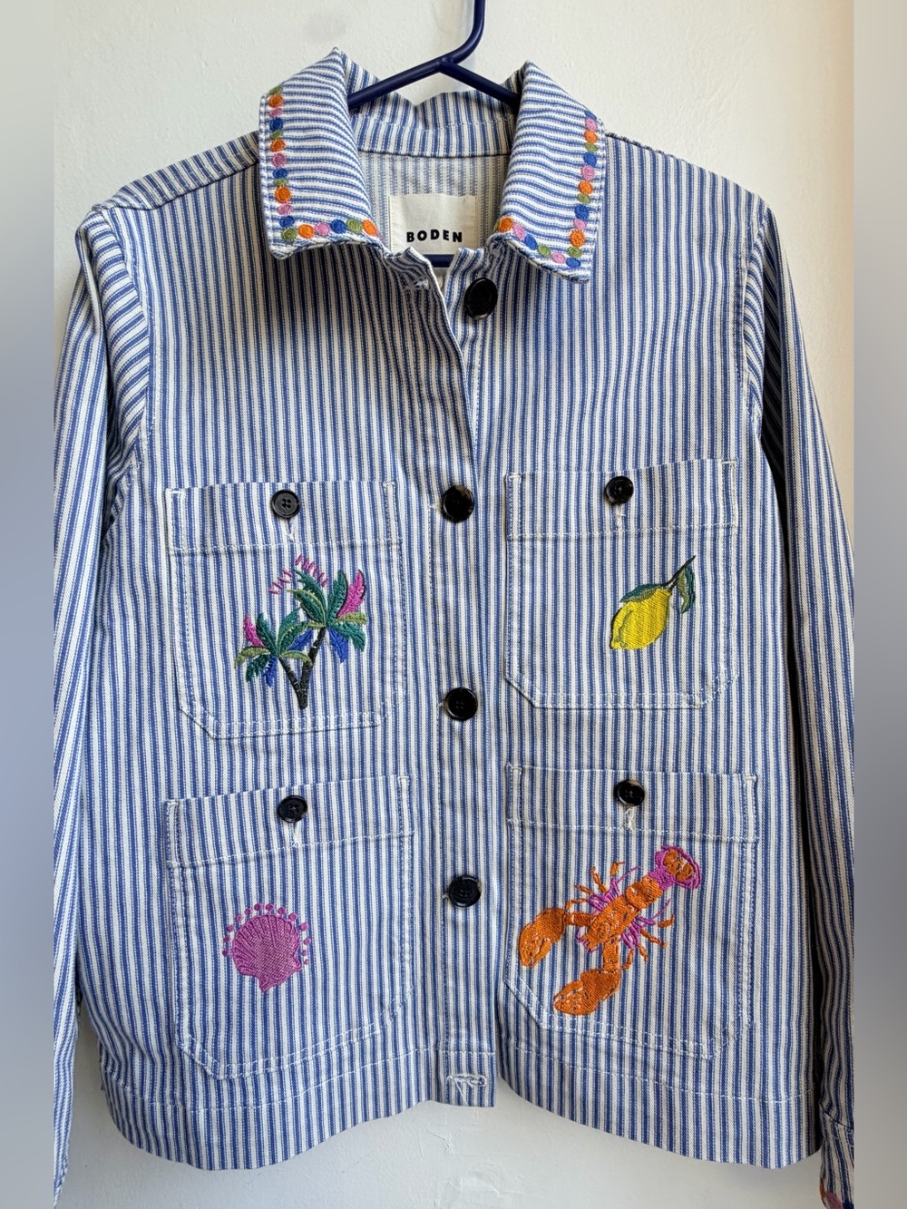 Boden Embroidered Utility Jacket Blue White Striped Tropical Women’s Size 10 - Picture 6 of 13